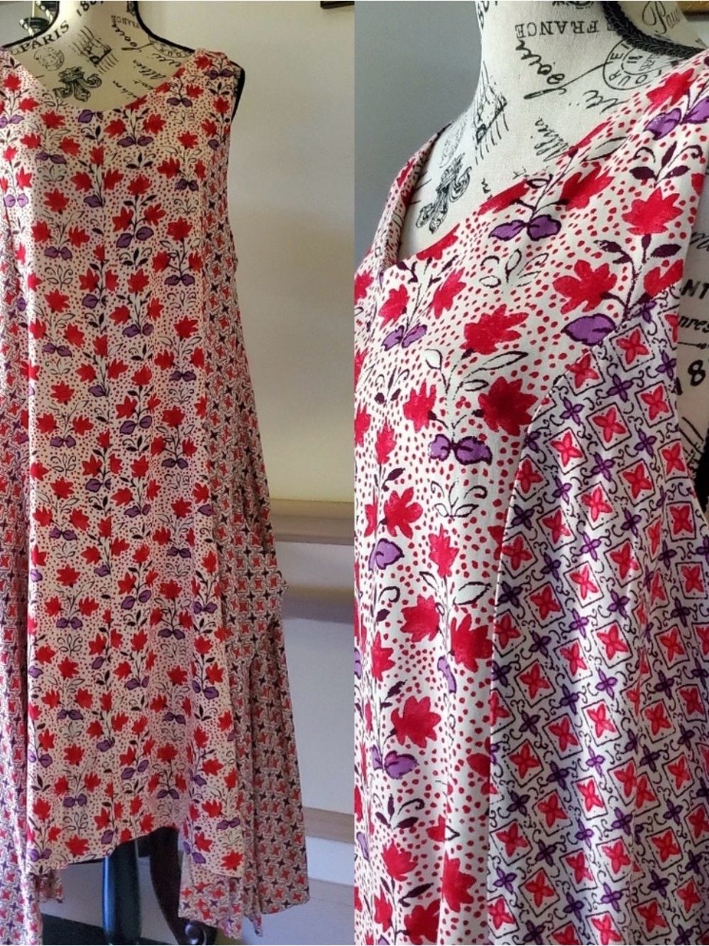 Red and Purple Mixed Print Sleeveless Midi Dress